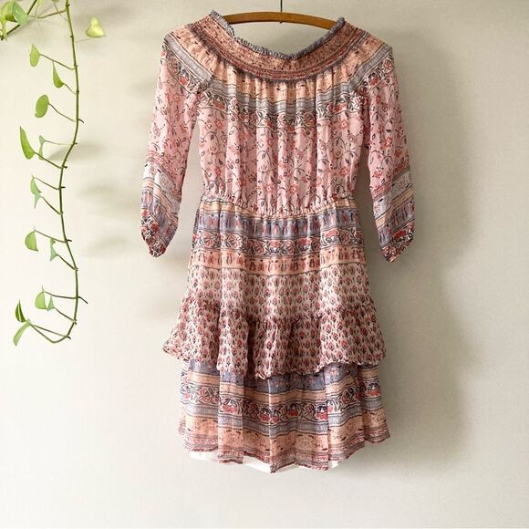 Shoshanna Silk Chiffon Boho Print Off the Shoulder Tiered Mini Dress 2‎ - Picture 2 of 5
